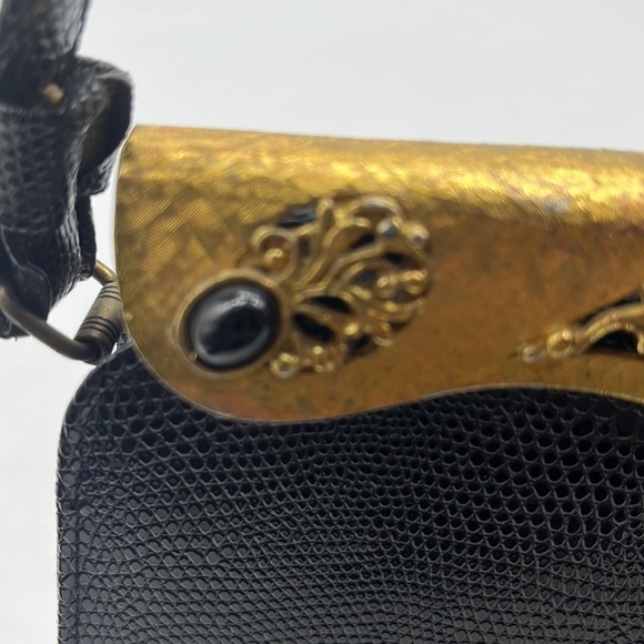 Vintage Black Gold Leather Snakeskin Metal Embellished Evening Bag After Five - Picture 5 of 15